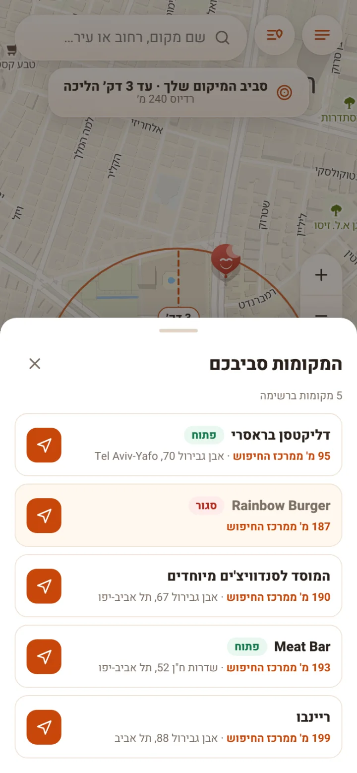 צילום מסך מהאפליקציה: רשימת המקומות הקרובים לפי מרחק